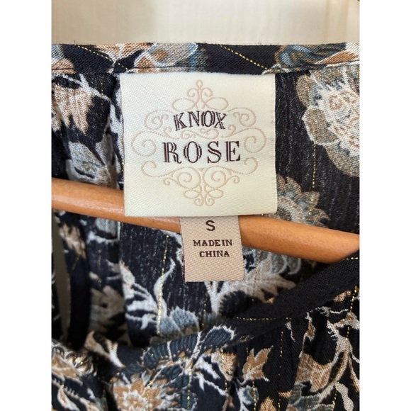 Knox Rose Blue Floral Gold Metallic Stripe Crochet Sleeve Button Front Top Small - Picture 7 of 9